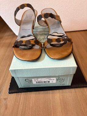 CYNTHIA ROWLEY "Selima" Camel Leather Coin Embellished Sandals; Size 7-1/2 B
